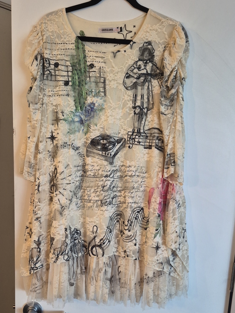 Cream Lace Overlay Graphic Music Tunic Top